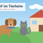 Illustration: Hund und Katze vor einem Tierheim